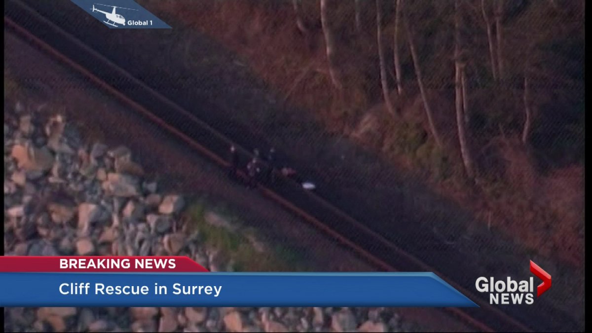 Rail tracks in South Surrey have been closed while rescuers work in the area, tending to a man who fell down a bank.