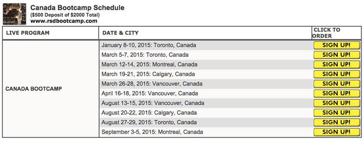 The list of Canadian “bootcamps” that appeared on the RSD website.