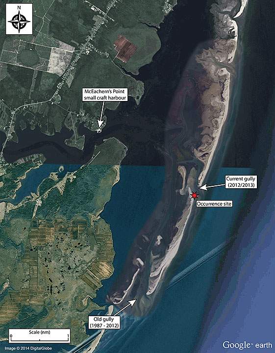 The red star shows where the Marie J grounded on the sandbar.