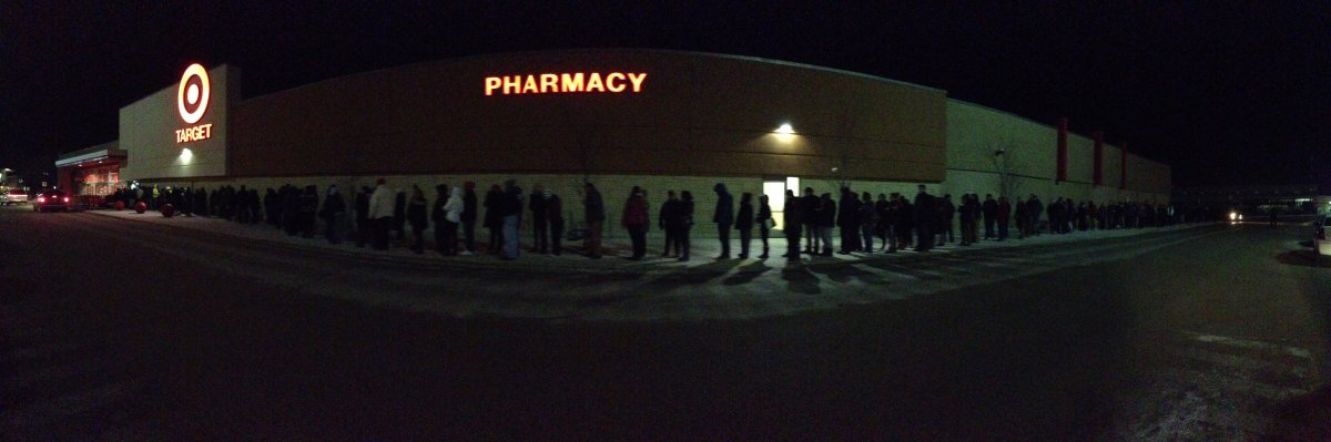 Customers line up outside a Winnipeg Target on Black Friday. 