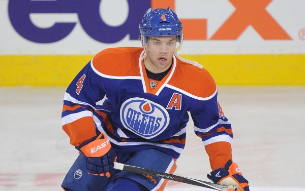 Taylor Hall #4 of the Edmonton Oilers in action against the Montreal Canadiens during an NHL game at Rexall Place on October 27, 2014 in Edmonton, Alberta.
