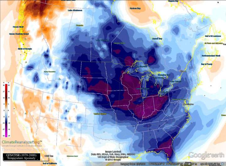 Temperature anomalies on Nov. 20, 2014 illustrate the influence of the jet stream as it funnels cold air from the Arctic.