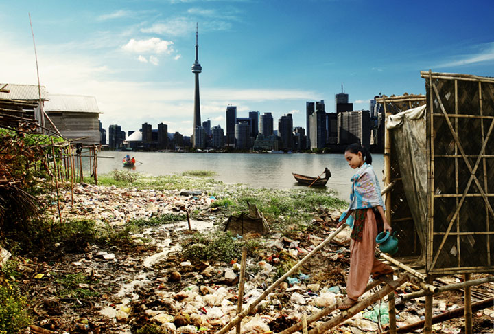 The picture from Toronto shows a girl emerging from an unhygienic hanging latrine among unsanitary conditions with the striking city skyline behind her.