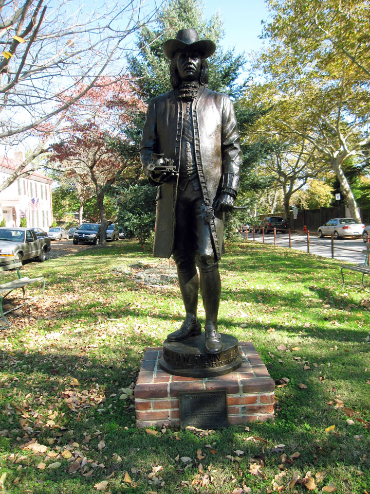 This Oct. 26, 2014 photo shows a statue of William Penn in Old New Castle, Del., a 10-minute drive from Wilmington. Penn, an Englishman, first set foot in the New World in Old New Castle in 1682 and later went on to found Pennsylvania. Old New Castle is filled with colonial history and its charming streetscapes are lined with small brick homes and historic landmarks.