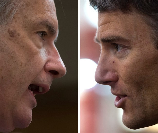 In this combination photo, Vancouver mayoral candidate, journalist Kirk LaPointe, left, of the Non-Partisan Association party, and Vancouver Mayor Gregor Robertson, of the Vision Vancouver party, speak in Vancouver, on Thursday November 13, 2014.