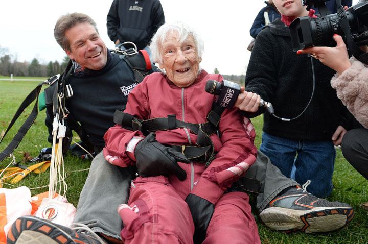 Eleanor Cunningham smiles after safely landing with tandem master Dean McDonald at Saratoga Skydiving Adventures Saturday, Nov. 8, 2014, in Gansevoort, N.Y., a day after her 100th birthday.