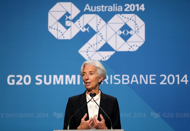 Managing Director of the IMF Madame Christine Lagarde addresses a press conference at the conclusion of the G20 summit in Brisbane, Australia, Sunday, Nov. 16, 2014.
