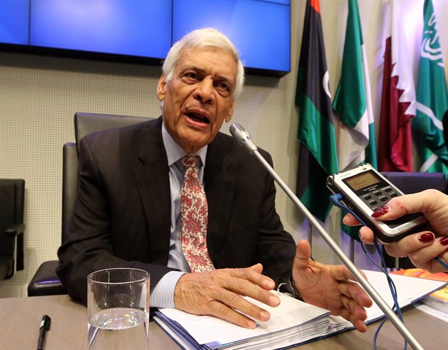 Secretary General of OPEC Abdalla Salem El-Badri of Libya speaks to journalists prior to the start of a meeting of the Organization of the Petroleum Exporting Countries, OPEC, at their headquarters in Vienna, Austria, Thursday Nov. 27, 2014.