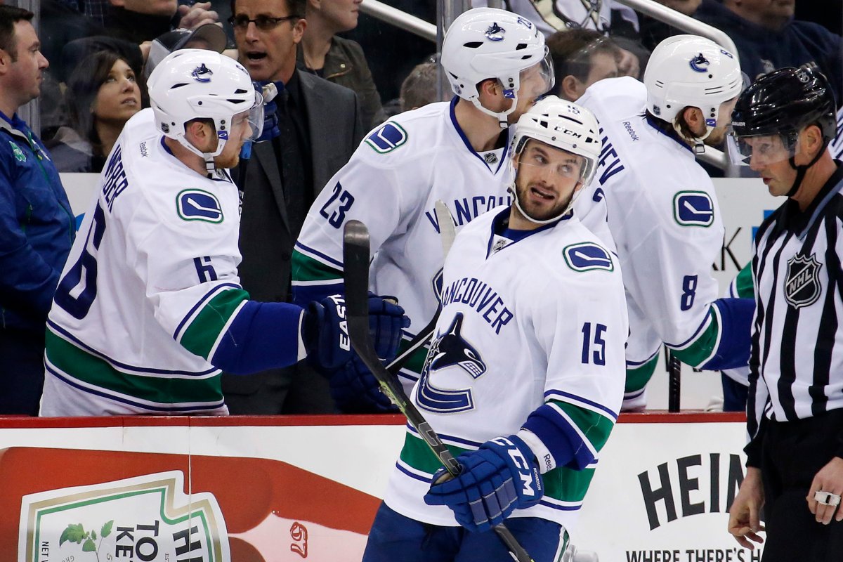 Vancouver Canucks' Brad Richardson (15) celebrates with his teammates after scoring his second goal of the game during the second period.(AP Photo/Gene J. Puskar).