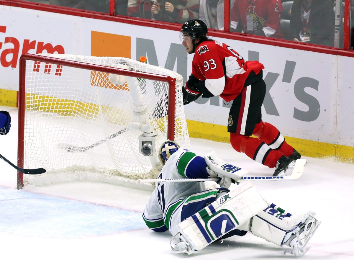 Ottawa Senators' Mika Zibanejad skates with the puck to score from the side of the net as Vancouver Canucks goaltender Eddie Lack is caught out of position. THE CANADIAN PRESS/Fred Chartrand.