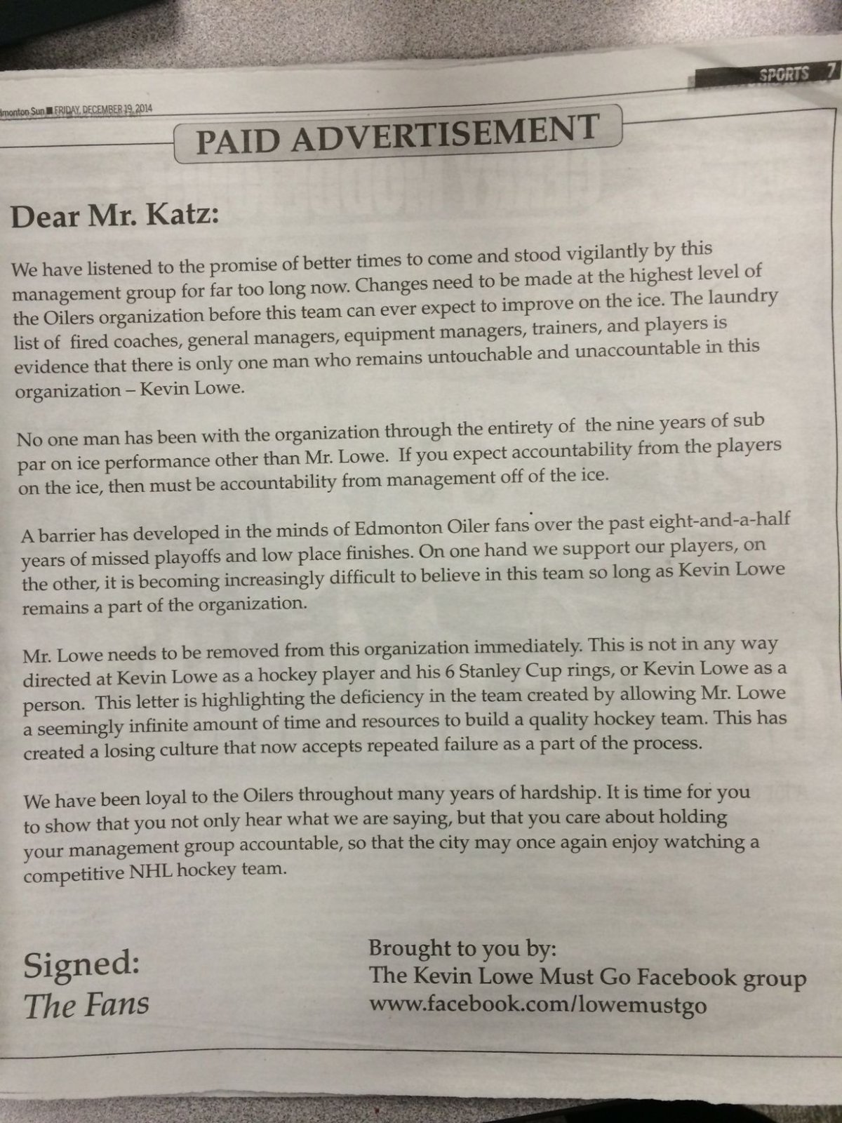 Kevin Lowe Must Go Facebook group's paid ad in the paper on Dec. 19, 2014.
