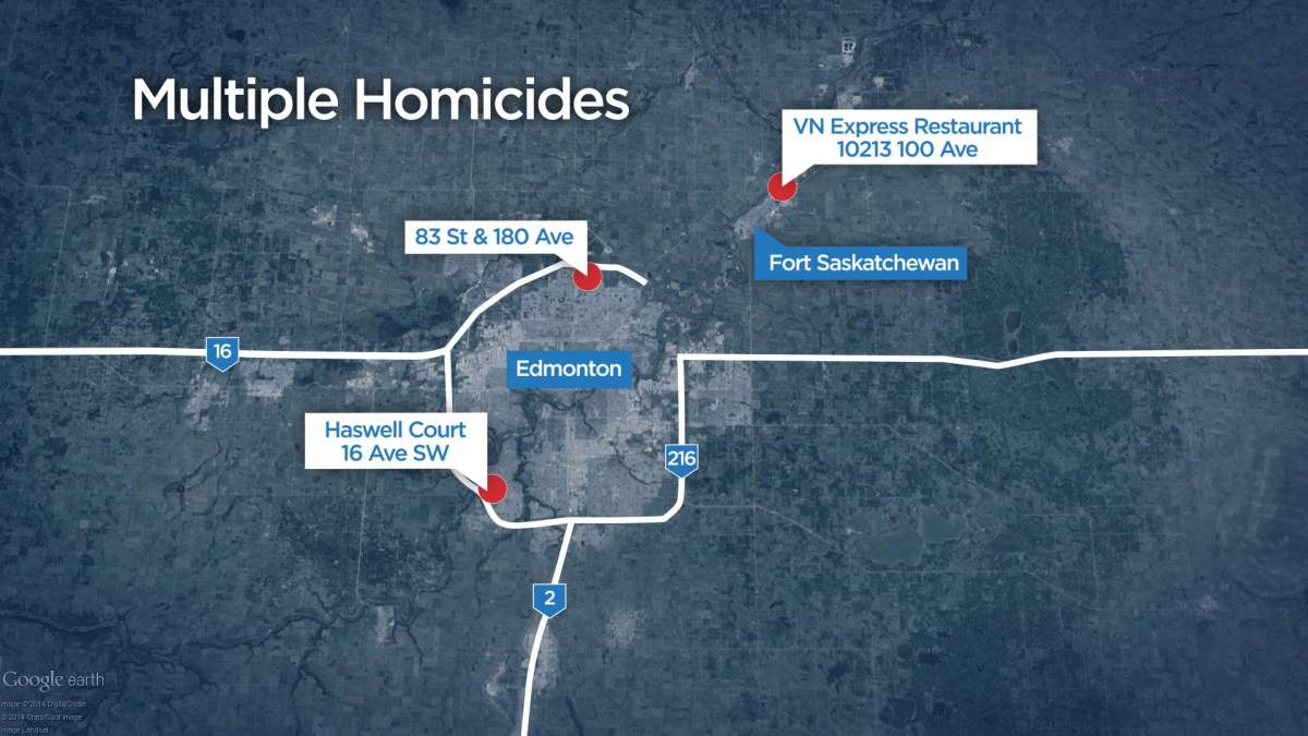 A map showing three locations connected to a mass murder in the Edmonton area that left nine dead Dec. 30, 2014