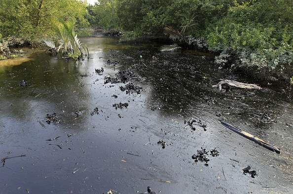 In this photograph taken on December 9, 2014, oil from a Bangladeshi oil-tanker is seen on the Shela River in the Sundarbans in Mongla. Bangladesh officials warned December 11 that an oil spill from a crashed tanker is threatening endangered dolphins and other wildlife in the massive Sundarbans mangrove region, branding the leak an ecological "catastrophe". The tanker carrying an estimated 357,000 litres (77,000 gallons) of oil collided on December 9 with another vessel and partly sank in the Sundarbans' Shela river, home to rare Irrawaddy and Ganges dolphins. 