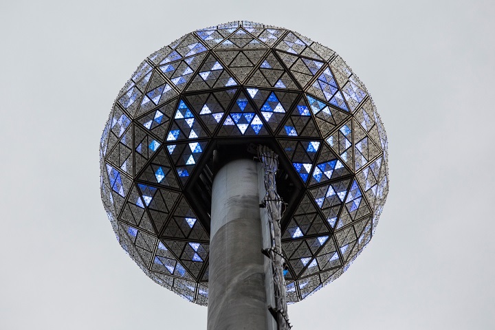 The Times Square crystal ball is tested one last time before tomorrow night’s New Year’s Eve celebration on December 30, 2014 in New York City. The ball is illuminated with 32,256 LED lights and is made up of 2,688 Waterford crystals.