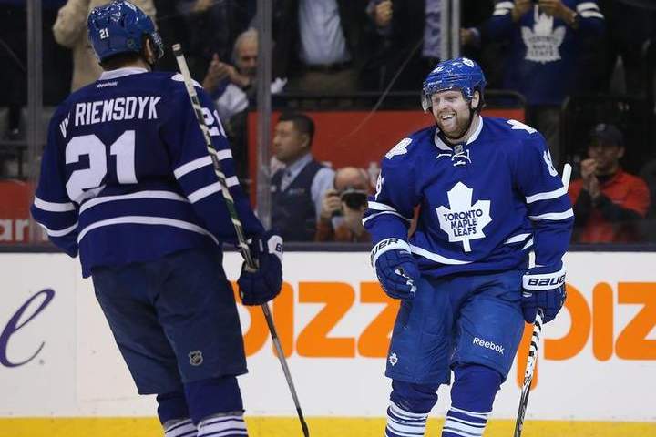 Phil Kessel celebrates his second goal of the game in third period action as the Toronto Maple Leafs beat the Anaheim Ducks 6-2 at the Air Canada Centre in Toronto. December 16, 2014.