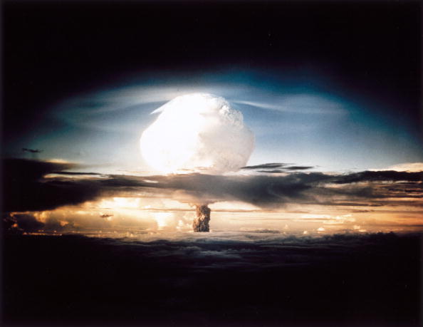 The mushroom cloud produced by the first explosion by the Americans of a hydrogen bomb at Eniwetok Atoll in the South Pacific. Known as Operation Ivy, this test represented a major step forwards in terms of the destructive power achievable with atomic weapons.