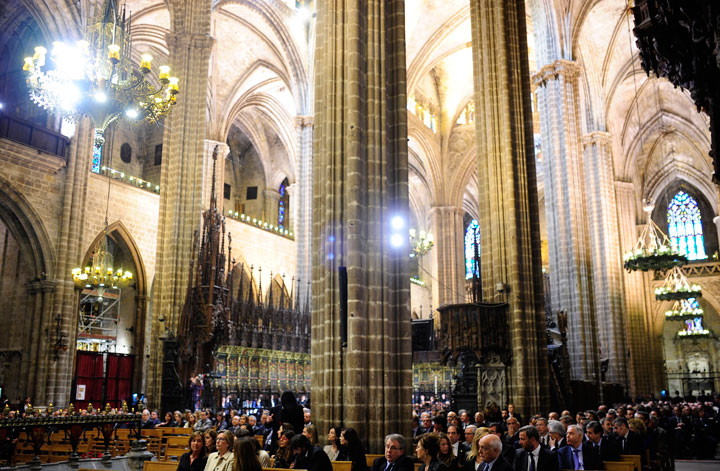 In this April 28, 2014 file photo, people attend a religious ceremony at Barcelona Cathedral for the late former FC Barcelona's coach Tito Vilanova in Barcelona, Spain, who died of throat cancer. The centuries-old cathedral is located in the city’s Gothic Quarter, Barri Gotic.