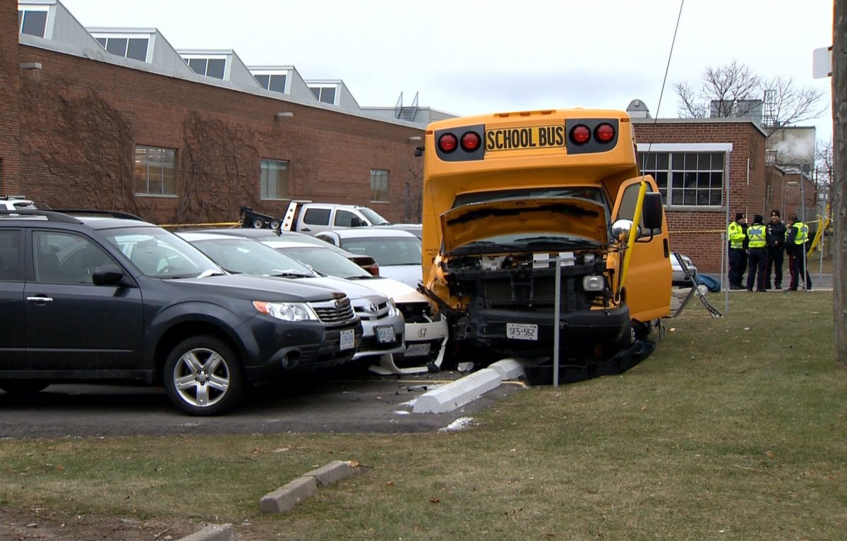 At least one person was injured on Eglinton Avenue after a school bus hit multiple cars.