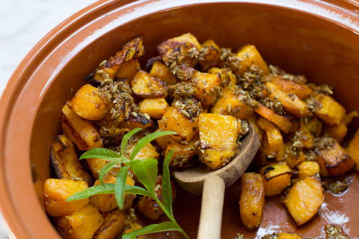 This Oct. 6, 2014 photo shows fennel cumin roasted butternut squash in Concord, N.H. For this recipe start by oiling some cubed butternut squash, then roasting it until lightly browned outside and tender inside, to get an easy roasted butternut squash.