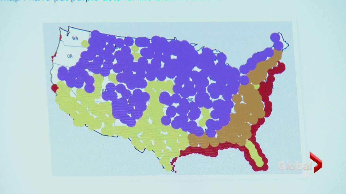 The coloured areas represent extreme climate change. Yellow indicates areas that will be highly stressed for water. Orange represents additional locations that might be significantly affected by hurricanes. Purple dots for the blank locations with substantial heat wave risk. Red areas indicates regions that will experience substantial negative impacts of global warming from sea level rise.