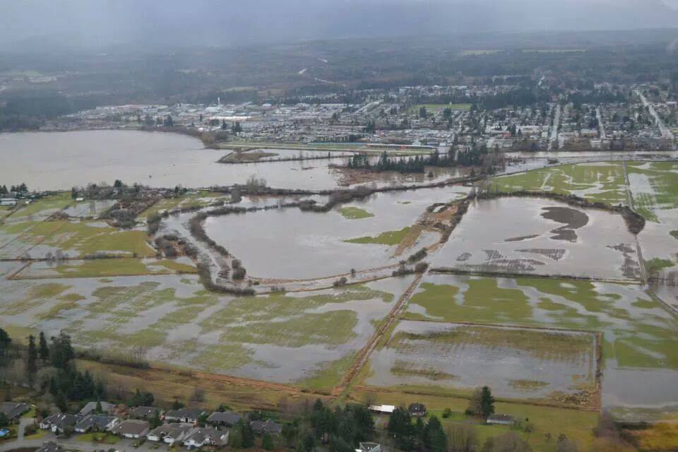 The extant of flooding in Courtenay can be seen from the air.