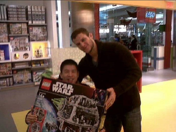 Wilson and Kevin Bieksa after Bieksa bought the Death Star Lego Set.