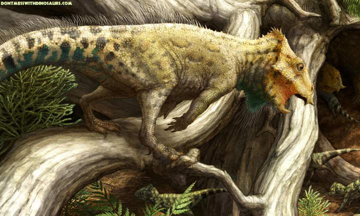 An artist's reconstruction of Aquilops in its environment in ancient Montana.