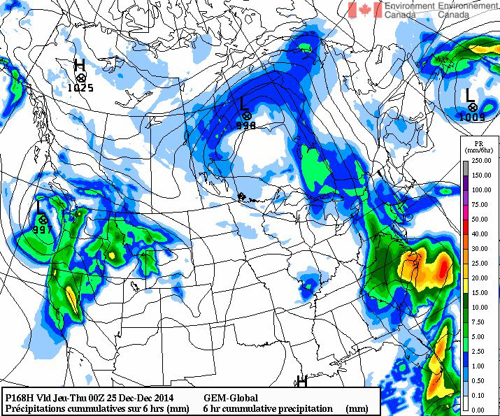 One model illustrates a wet Christmas Day across northern Ontario down to the U.S. east coast.