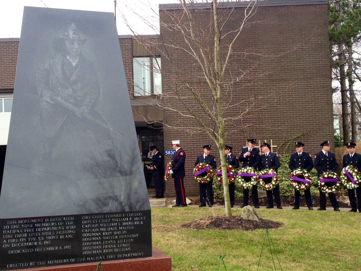 Firefighters gather at a Halifax memorial to remember those lost in the Halifax Explosion. 