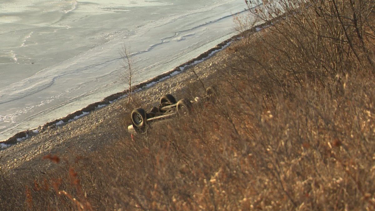 SUV rolled off road into embankment in North Glenmore Park Saturday afternoon. 