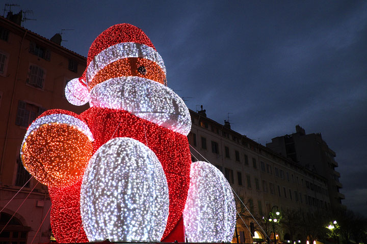 A massive luminous figure of Santa Claus is pictured in Marseille, southern France, on December 4, 2014.