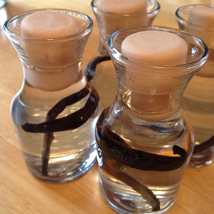 Make your own vanilla extract by taking a full vanilla bean and slicing it lengthwise. Place the bean in a bottle of clear liquor like vodka or rum.