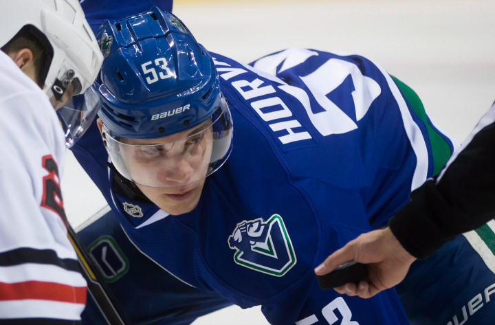 Vancouver Canucks' Bo Horvat lines up for a face-off against Chicago Blackhawks' Ben Smith during the first period of an NHL hockey game in Vancouver, on Sunday November 23, 2014. 