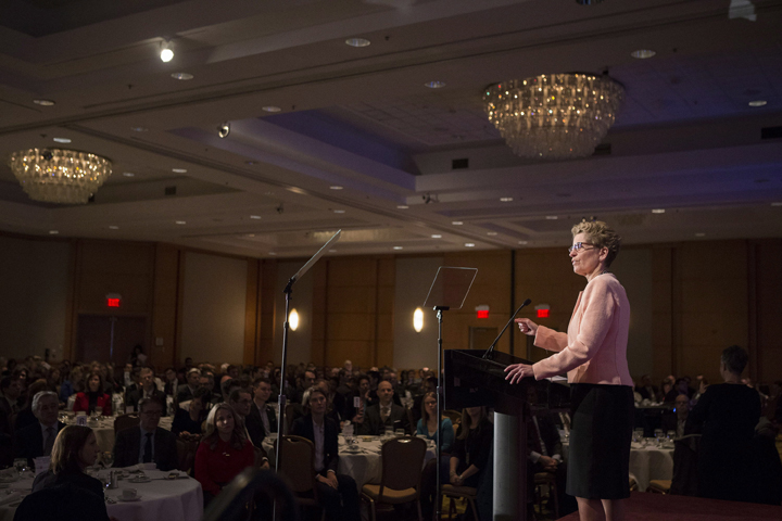 Ontario's Premier Kathleen Wynne delivers remarks during an Economic Club of Canada luncheon in Toronto on Monday, December 15 2014.
