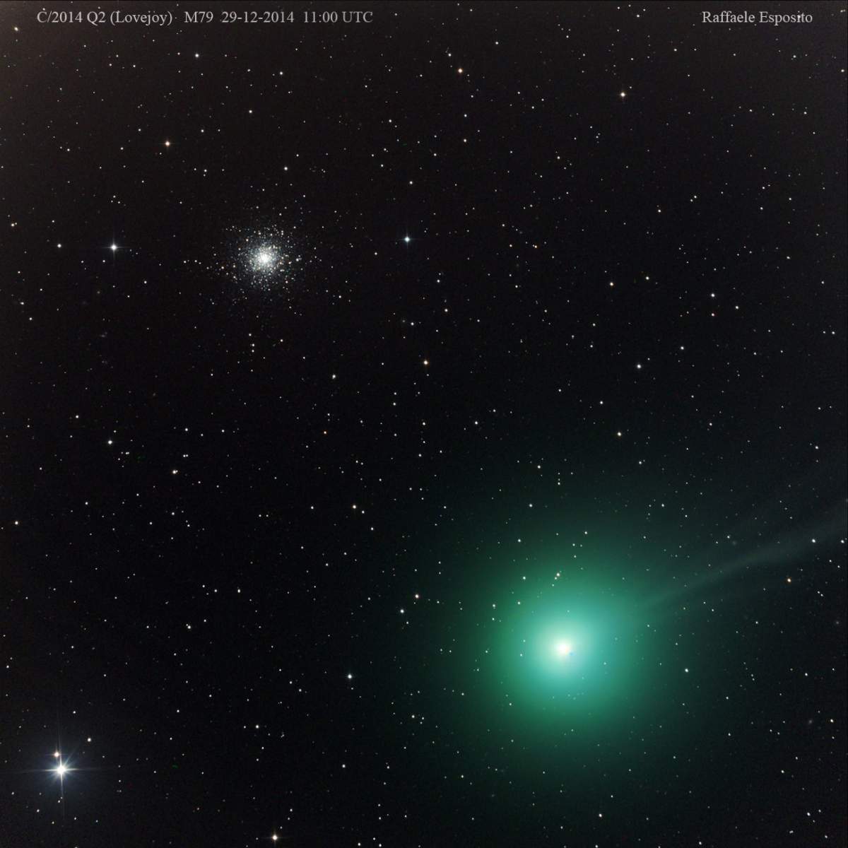 Comet Lovejoy, taken with a 20-inch remote telescope in Siding Spring, Australia. A star cluster, called Messier 79, is also seen.