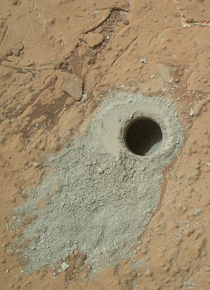 NASA’s Mars rover Curiosity drilled into this rock target, “Cumberland,” during the 279th Martian day, or sol, of the rover’s work on Mars (May 19, 2013) and collected a powdered sample of material from the rock’s interior.