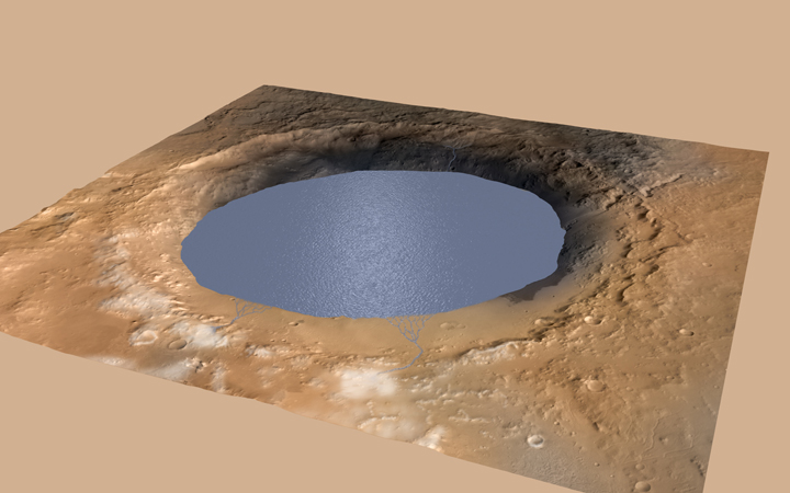 This illustration depicts a lake of water partially filling Mars' Gale Crater, receiving runoff from snow melting on the crater's northern rim.  