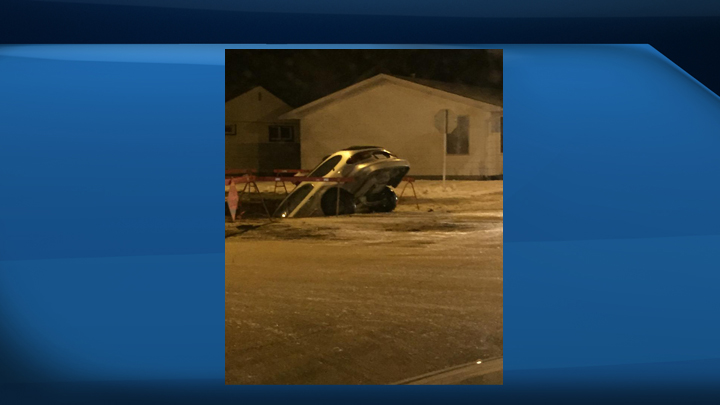 A Moose Jaw driver found themselves in a ‘hole’ lot of trouble after slippery road conditions in the city Wednesday night.