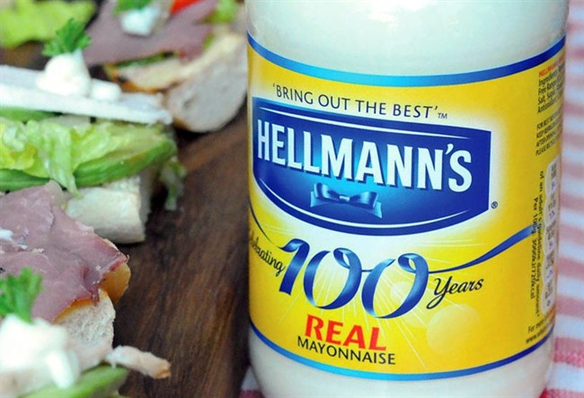 This undated file product image provided by Unilever shows Hellmann’s real mayonnaise.