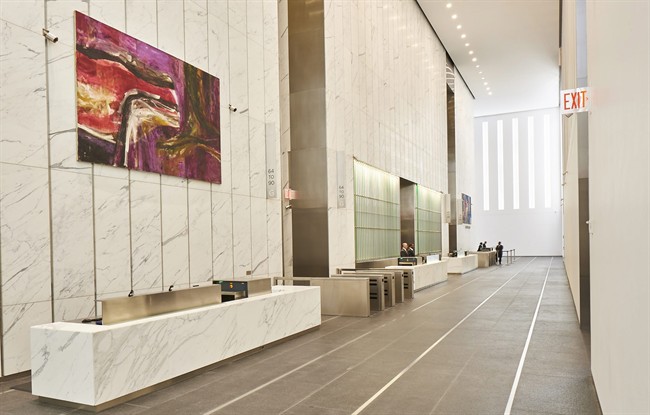 This Fritz Bultman painting in the north lobby of the new 1 World Trade Center building in New York City is an example of the large art pieces found in corporate offices.