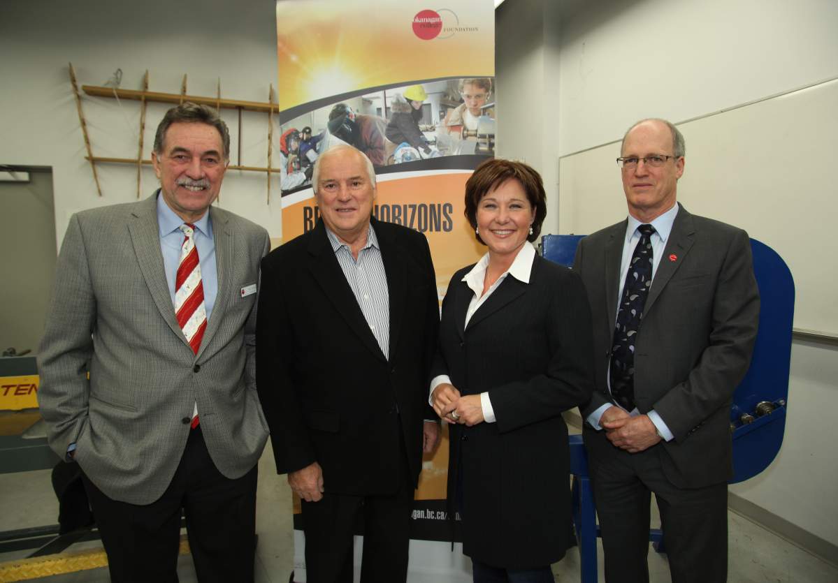 Dennis Gabelhouse, Chair of Bright Horizons Building for Skills campaign; Barry Lapointe, CEO and Chairman of Kelowna Flightcraft; Premier Christy Clark; Jim Hamilton, President of Okanagan College. 