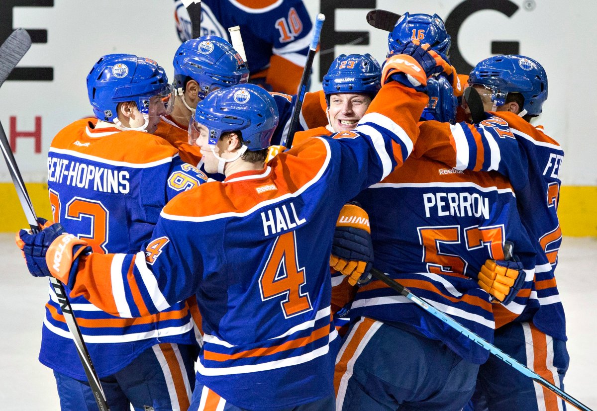 Edmonton Oilers celebrate the win over the Los Angeles Kings during NHL hockey action in Edmonton, Alta., on Tuesday December 30, 2014. 