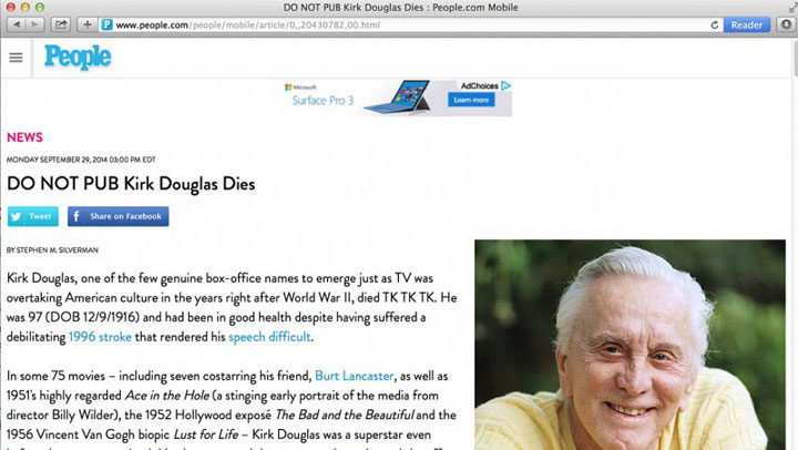 An obituary for Kirk Douglas briefly appeared on People.com.