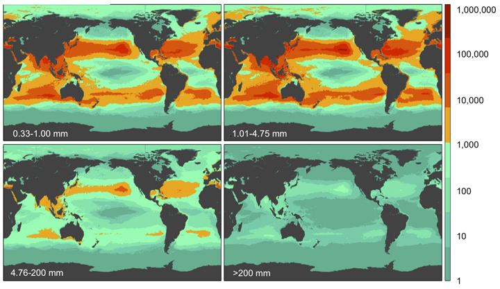 A figure from the 5Gyres Institute illustrates 1 to 5 mm pieces of plastics in the ocean.