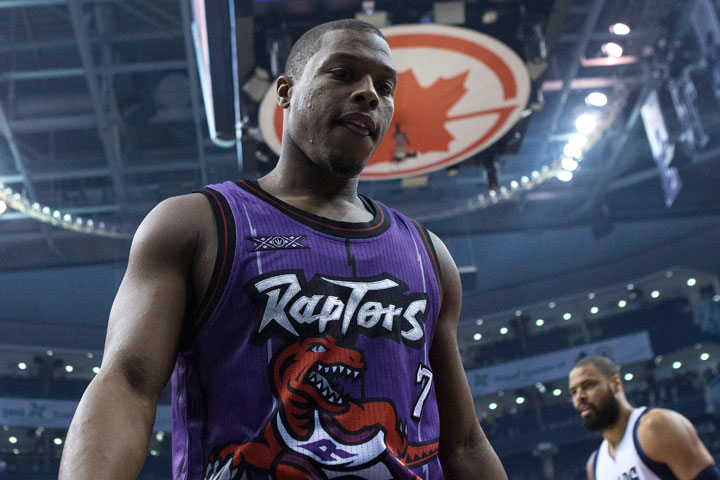 Toronto Raptors' guard Kyle Lowry reacts during his team's 106-102 loss to the Dallas Mavericks in NBA action in Toronto on Friday, November 28, 2014.