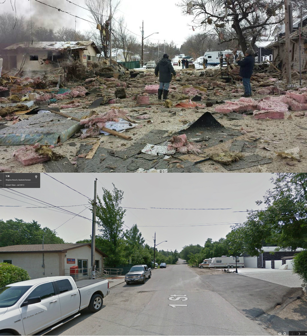A view from Google Streetview on what the street looked like before and after the explosion
