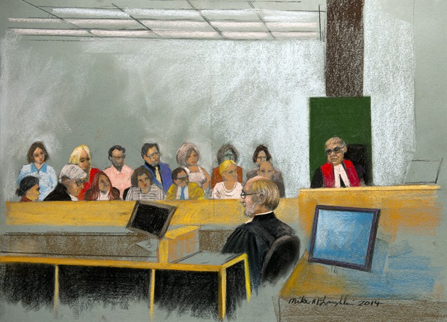 An artist's sketch shows Quebec Superior Court Justice Guy Cournoyer instructing the jury at the murder trial for Luka Rocco Magnotta, Monday, Dec. 15, 2014 in Montreal. Magnotta is charged in connection with the death and dismemberment of university student Jun Lin in a case that made international headlines. 