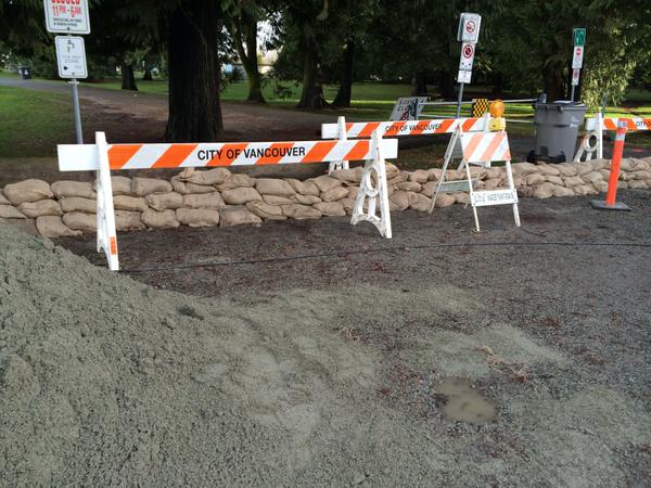Four thousand sandbags filled and stacked by 45 city of Vancouver staff in under 7 hours at Lorcano Beach. Courtesy of the City of Vancouver.