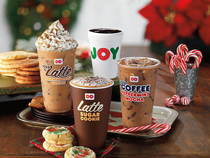 This undated product image provided by Dunkin' Donuts shows the chain's seasonal coffee drinks, from left, Snikcerdoodle Latte, Sugar Cookie Latte, and Iced Peppermint Mocha coffee. Dunkin' Donuts is one of many businesses that roll out a number of limited-time flavors around the holidays.