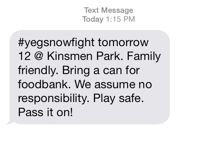 Screen capture of the text message alert from #yegsnowfight.